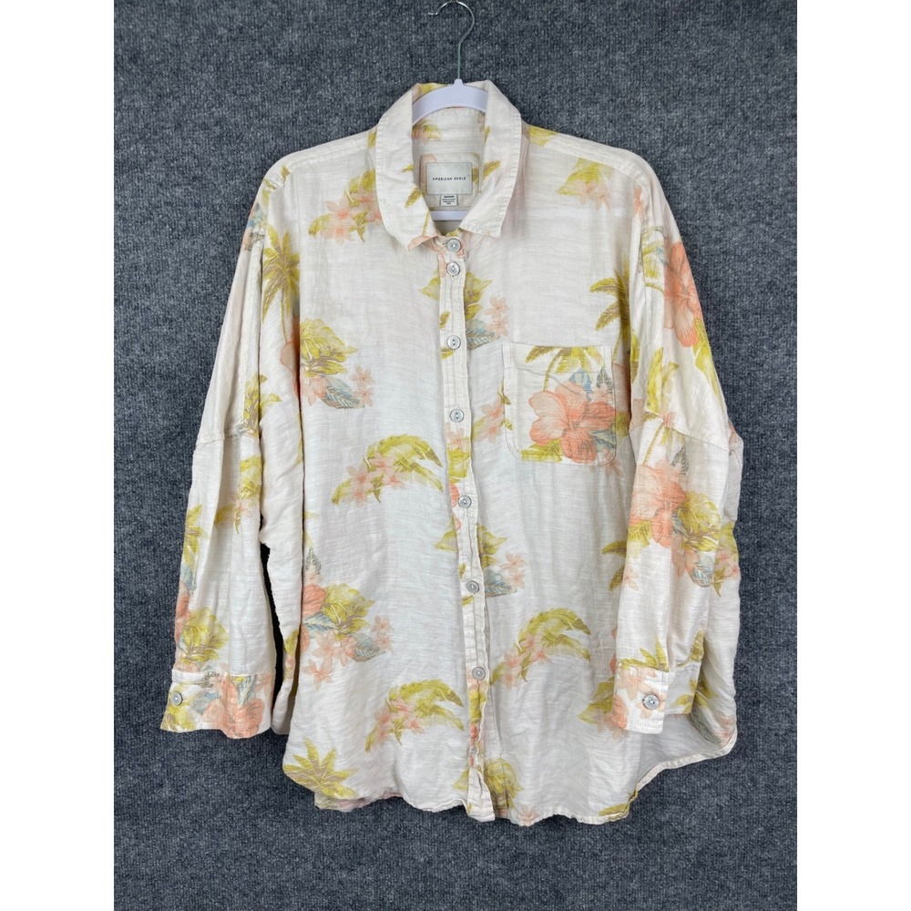 American Eagle Button Down Shirt Womens Medium Cream Tropical Floral Excellent
